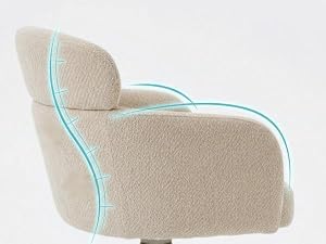 Fauteuil beige avec dossier incurvé et structure arrondie, avec détails de garniture bleu turquoise sur les bords, design contemporain sur fond blanc.