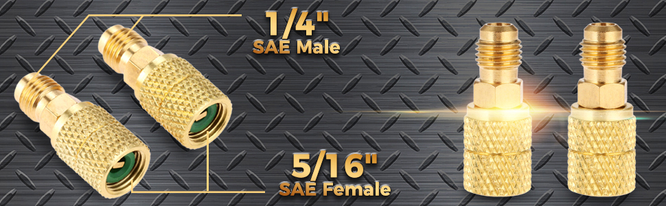 Four brass-colored refrigerant adapters: two 1/4