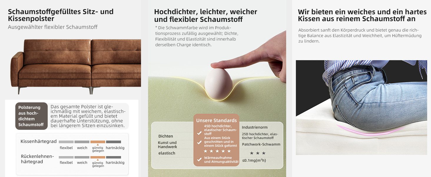 Serie von drei Anleitungsbildern, die Schritte zur Pflege von braunen Ledermöbeln zeigen, mit deutschem Text, der die Reinigungs- und Wartungsverfahren erklärt.