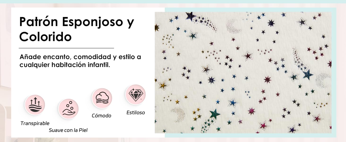 El texto dice «Patron Esponjoso y Colorido», «Ajuste encanto, comodidad y estilo p» con un diseño estampado que muestra puntos dispersos e iconos pequeños sobre un fondo claro.