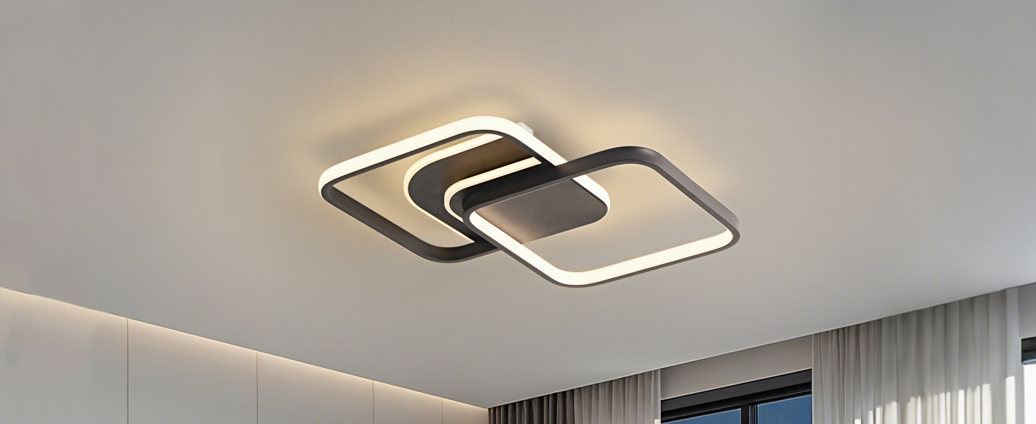 Moderne LED-Deckenleuchten in verschiedenen Ausführungen - quadratische, rechteckige und geometrische Designs. Weiße Leuchten sorgen für eine warme Beleuchtung in modernen Innenräumen.