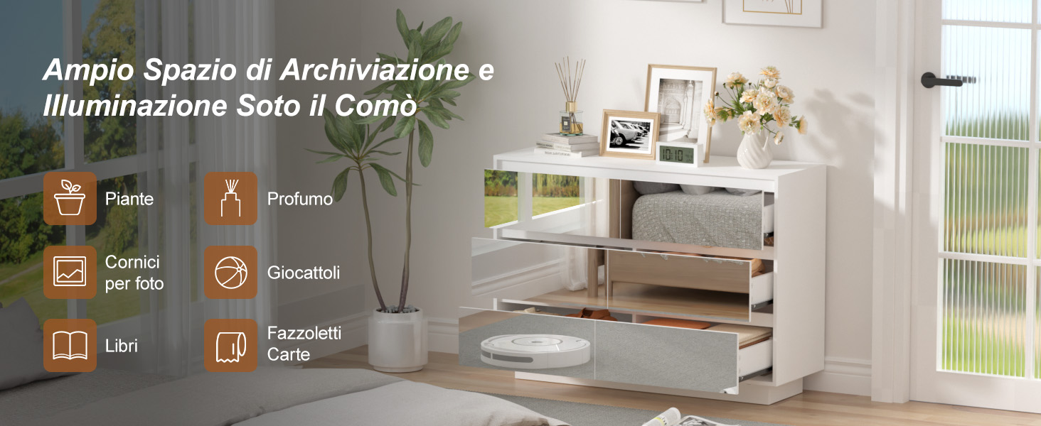 Il testo recita: 'Ampio Spazio di Archiviazione e', 'Illuminazione Solo il Como. ' Interfaccia Smart Home che mostra la disposizione della stanza con icone interattive per l'illuminazione e il controllo della temperatura.