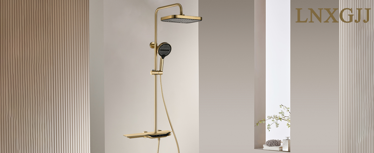 KOJOX Duschsystem Mit Regenduschkopf 30,5 Cm Und Handbrause - Gebürstetes Gold, Hochdruck, Mit Thermostat