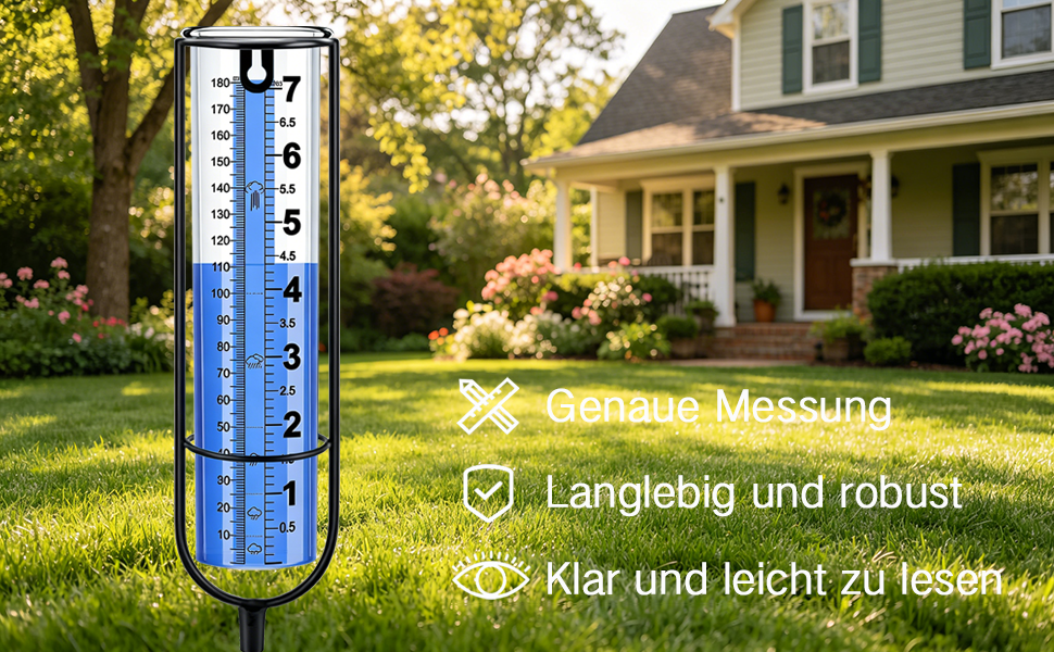 Le texte se lit comme suit : « Messung », « Langlebig und robust », « KGV : Klar und leicht zu lesen ». Thermomètre extérieur cylindrique bleu monté dans la pelouse avec une maison résidentielle en arrière-plan, affichant l'échelle de température.
