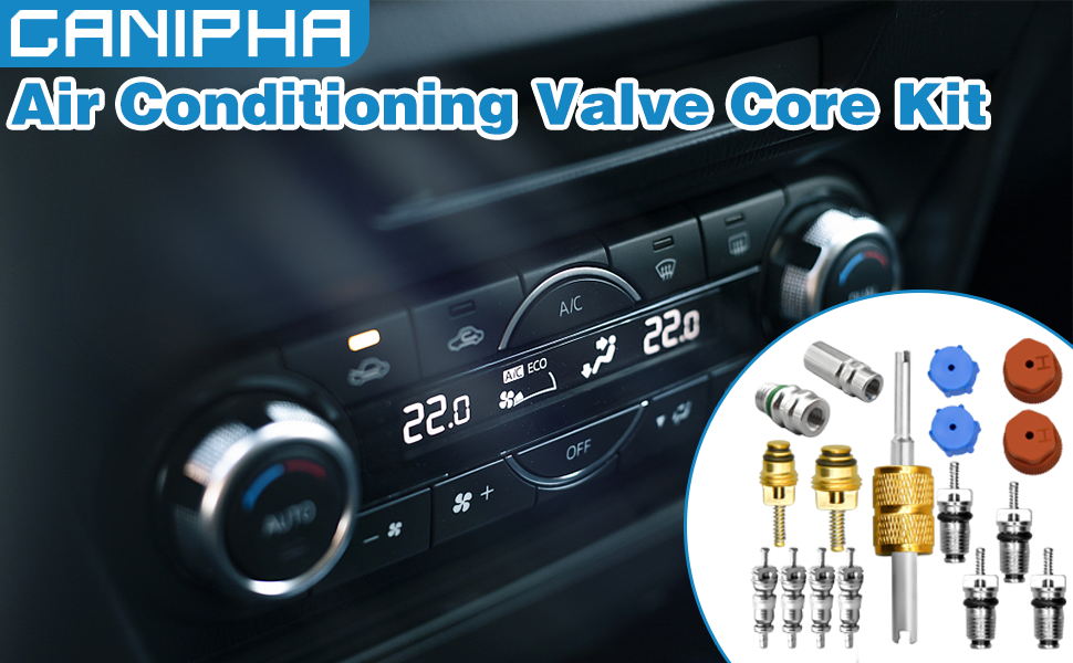 Air conditioning valve core kit for car repair. Set includes various metal valves, rubber seals, and a removal tool. Car dashboard climate control panel visible in background.