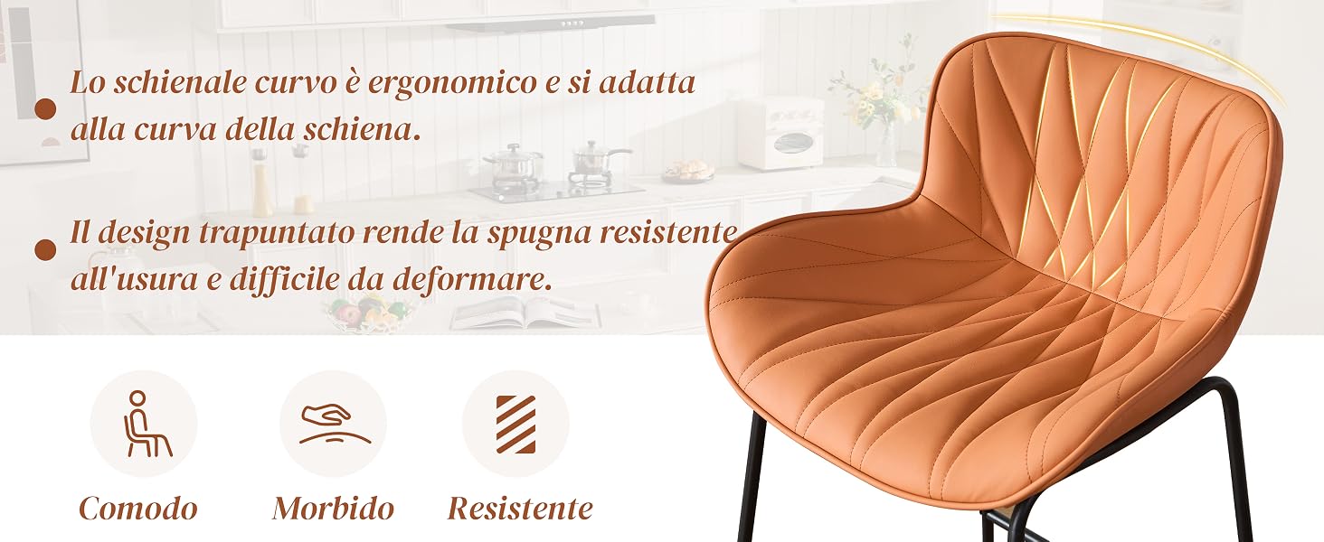 Poltrona o divano moderno color arancione/terracotta con design curvo, mostrato da più angolazioni con schemi delle specifiche tecniche.