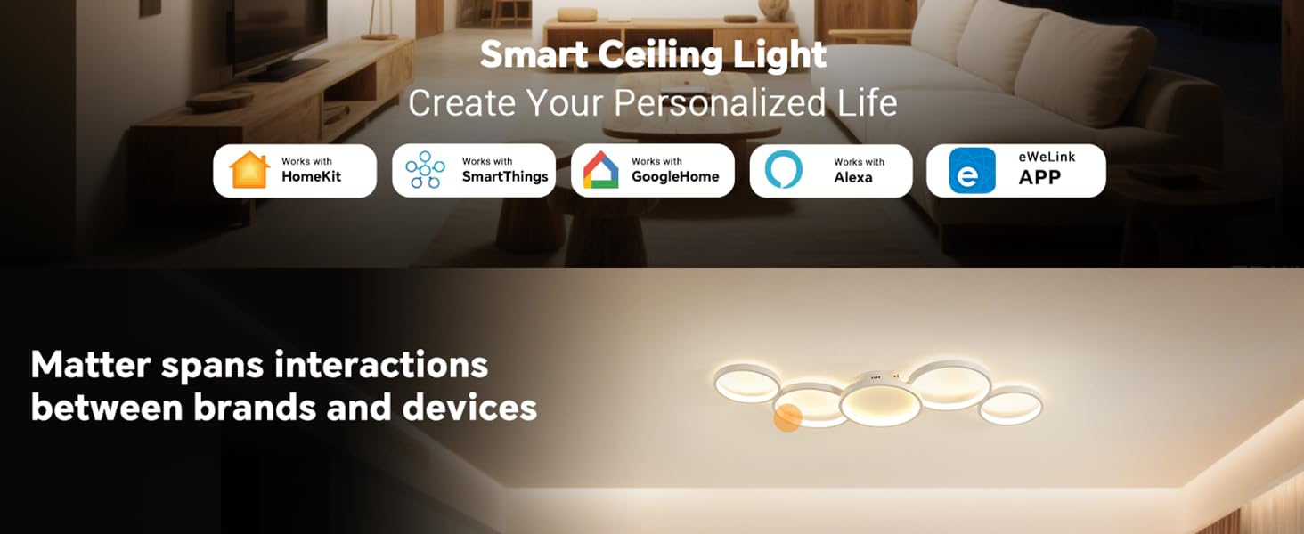 Der Text lautet „Smart Ceiling Light“. Moderne kreisförmige LED-Deckenleuchte, die in einer warmen Lichtumgebung mit Displays für die angeschlossenen Geräteschnittstellen im Hintergrund gezeigt wird.