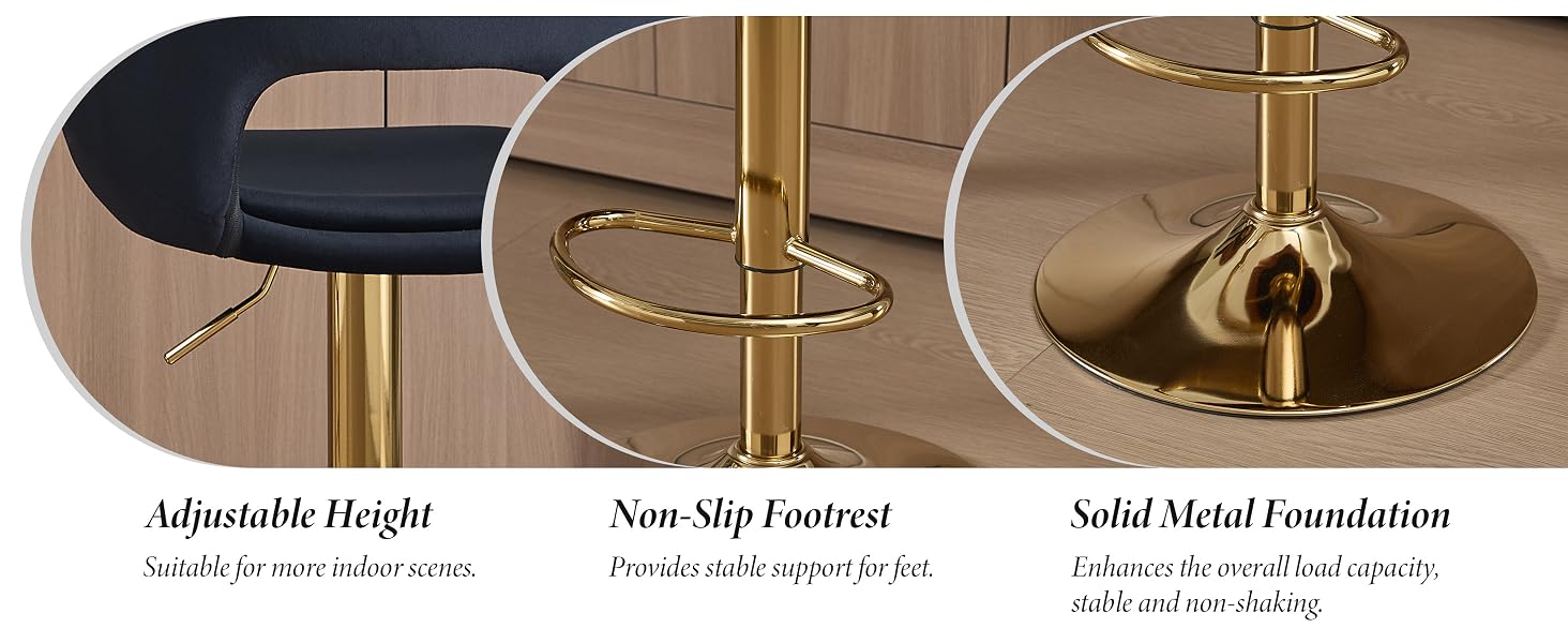 Text reads 'Adjustable Height', 'Non-Slip Footrest', 'Solid Metal Foundation'. Product showing gold-toned metal furniture legs with adjustable features.