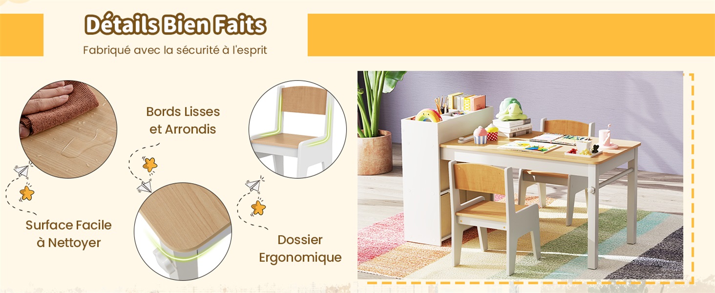 avec bords lisses. Les caractéristiques comprennent une surface facile à nettoyer, un dossier ergonomique et des coins arrondis. Ensemble illustré en cours d'utilisation avec des jouets et des décorations.