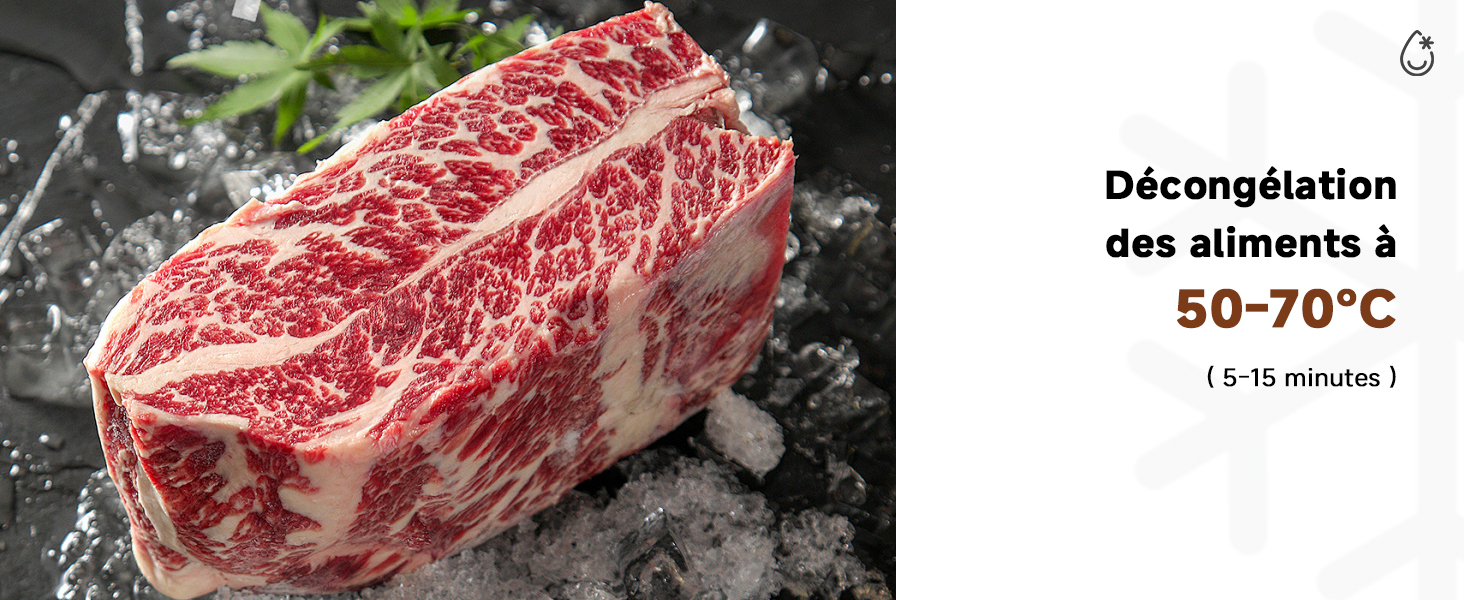 Le texte indique « Décongélation des aliments à 50-70°C ». Bifteck de bœuf marbré cru sur une surface foncée présentant un motif caractéristique de persillage gras sur toute la viande.