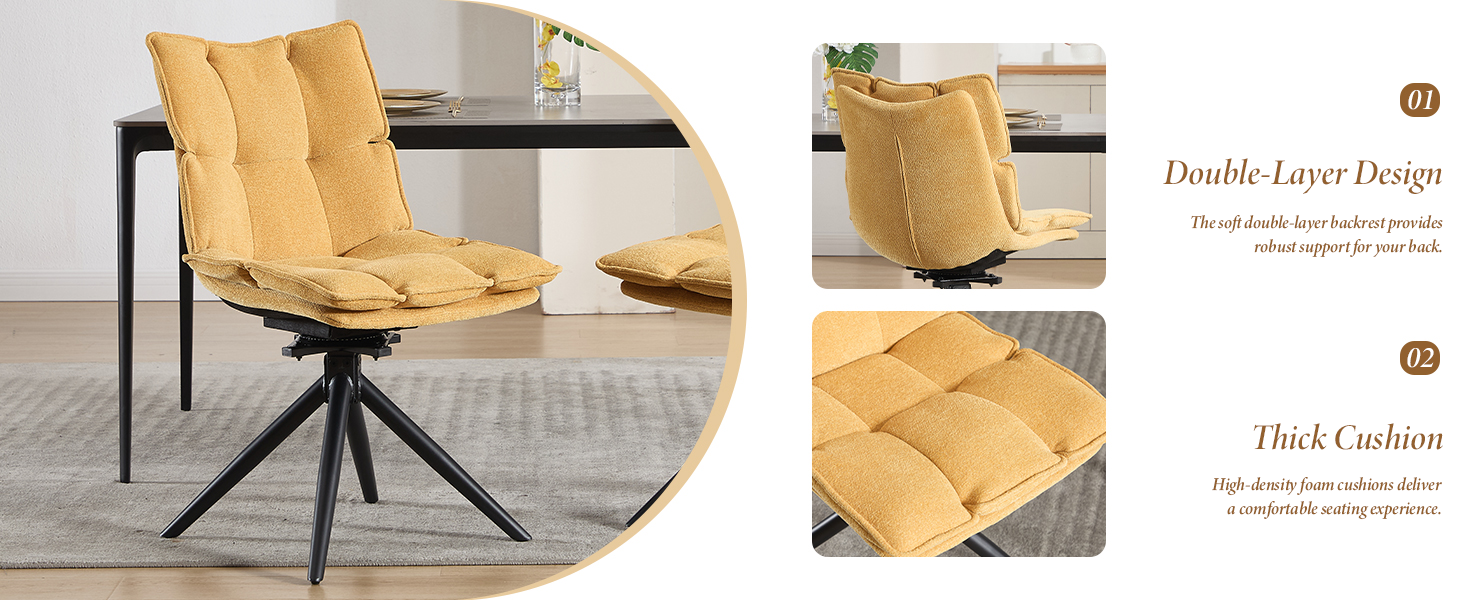 Text reads 'Double Layer Design', 'Thick Cushion'. Multiple views of a modern beige upholstered accent chair with swivel base shown from different angles.