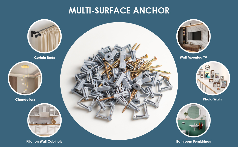 Multi-surface anchor set with metal and brass components. Central image shows various anchors. Surrounding icons depict applications: curtain rods, chandeliers, cabinets, wall-mounted TV, photo walls, and bathroom fixtures.