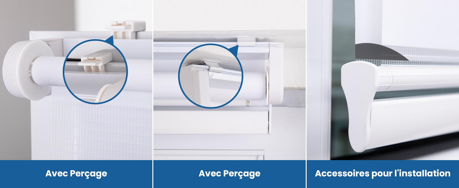 Vues rapprochées de composants en plastique blanc à installer. Affiche les connecteurs et les accessoires avec des cercles bleus mettant en évidence des pièces spécifiques.