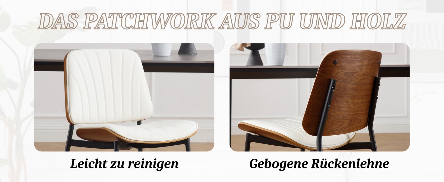 Bilder eines Stuhls nebeneinander. Auf der linken Seite ist ein weißer gepolsterter Sitz mit der Aufschrift „Leicht zu reinigen“ zu sehen. Rechts ist eine Holzlehne mit der Aufschrift „Gebogene Rückenlehne“