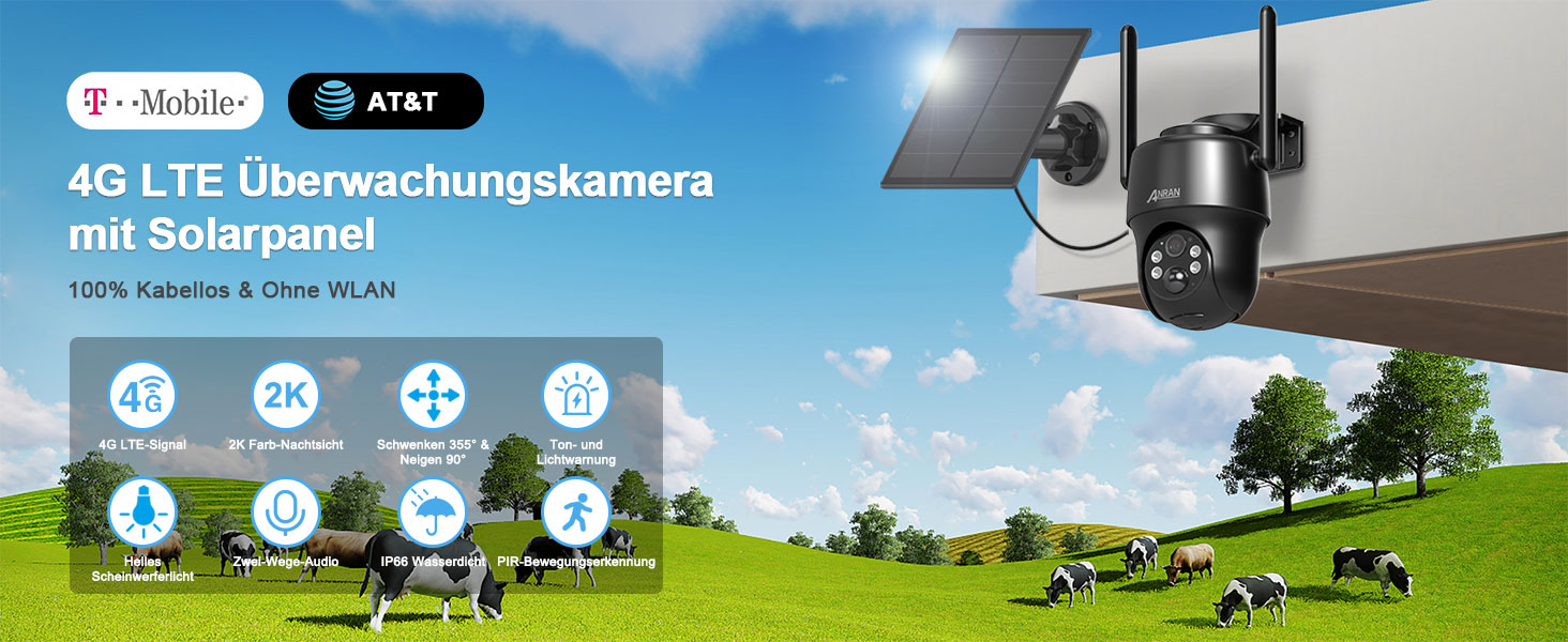 3G/4G LTE Überwachungskamera Aussen Akku mit Simkarte+32 GB SD Karte, 360°  Schwenkbare Kabellose Überwachungskamera mit Solarpanel, PIR  Bewegungserkennung, Nachtsicht,ANRAN G1 Schwarz