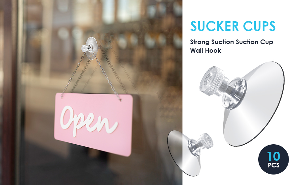 Text reads 'SUCKER CUPS', '10 PCS', 'Strong Suction Suction Cup Wall Hook'. Clear suction cup hooks shown mounted on glass surfaces, including a pink 'Open' sign.
