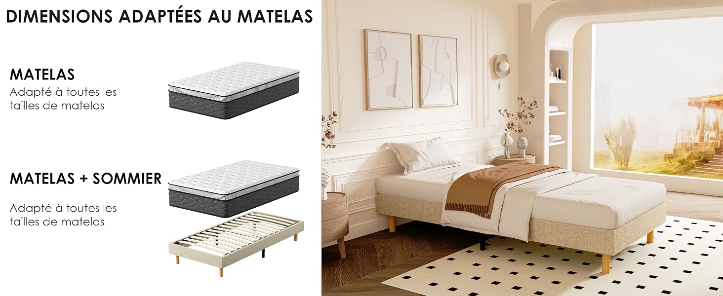 Le texte indique « DIMENSIONS ADAPTÉES AU MATELAS ».