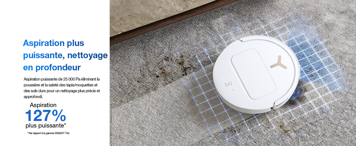 Le texte se lit comme suit : « Aspiration plus puissante de la poussière » avec une statistique de « 127 % » et un texte descriptif en français. Détecteur ou capteur de fumée circulaire blanc sur une surface texturée avec un tissu à carreaux bleus visible.