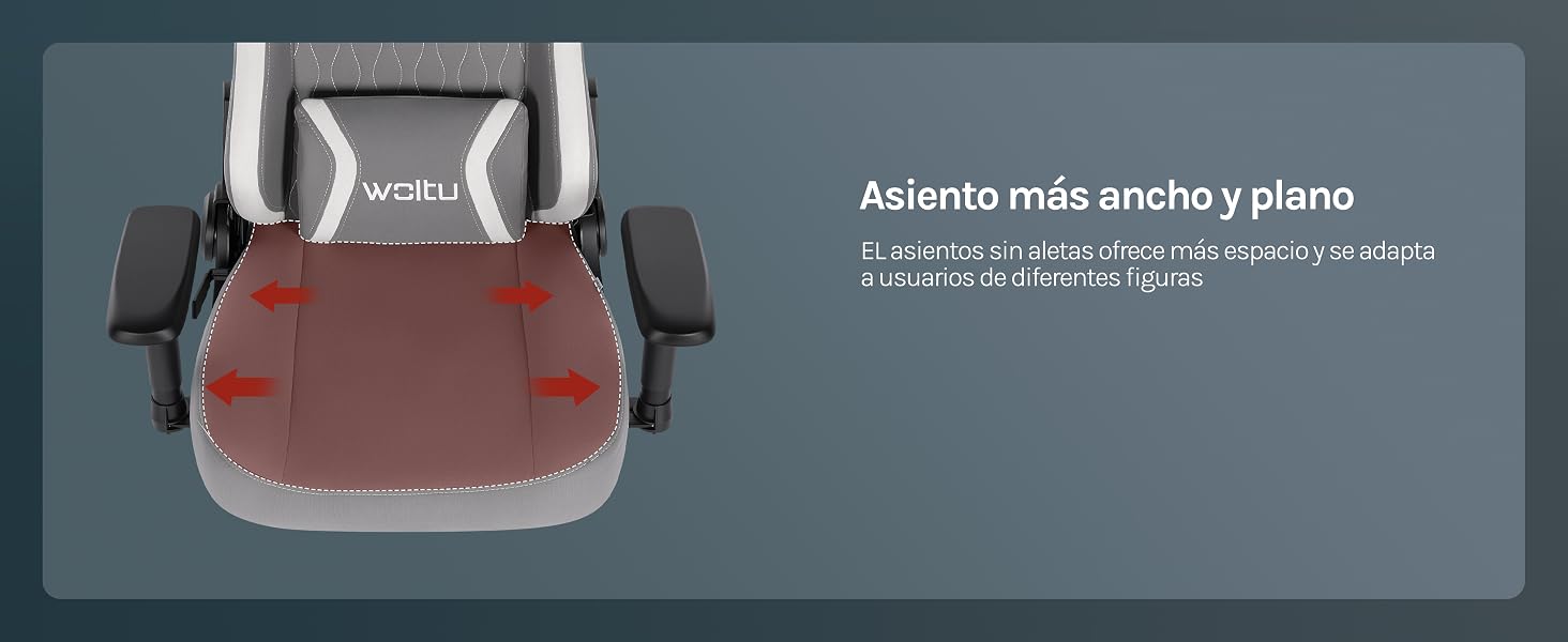 El texto dice «Asiento más ancho y plano» con texto descriptivo adicional. Vista desde arriba del asiento elevador de color burdeos con asas grises sobre fondo gris.