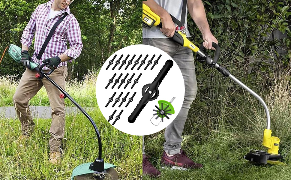 utilisés à l'extérieur. À gauche : modèle portatif avec manche incurvé. À droite : modèle vertical à roulettes. L'encart montre plusieurs options de lame et un protège-lame circulaire