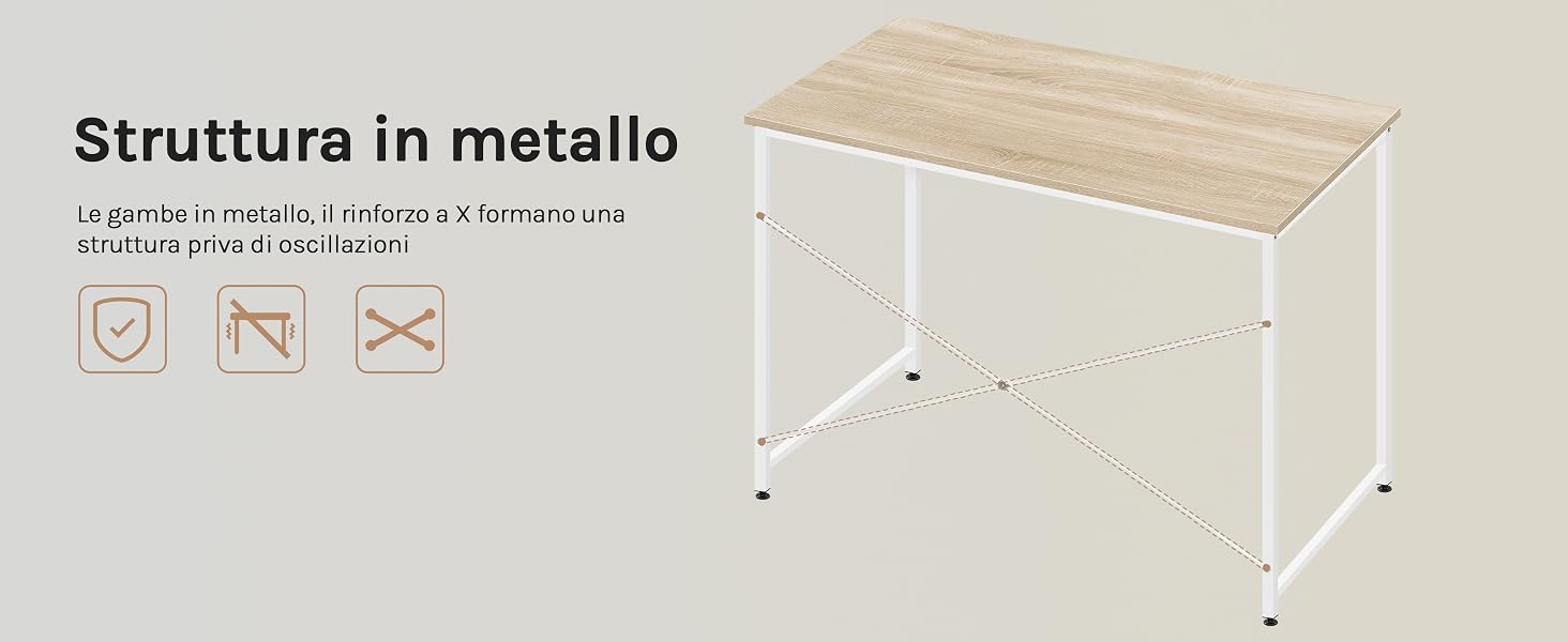 Scrivania in legno con struttura in metallo bianco. Le caratteristiche del prodotto includono una struttura in metallo e una superficie superiore in legno di colore chiaro