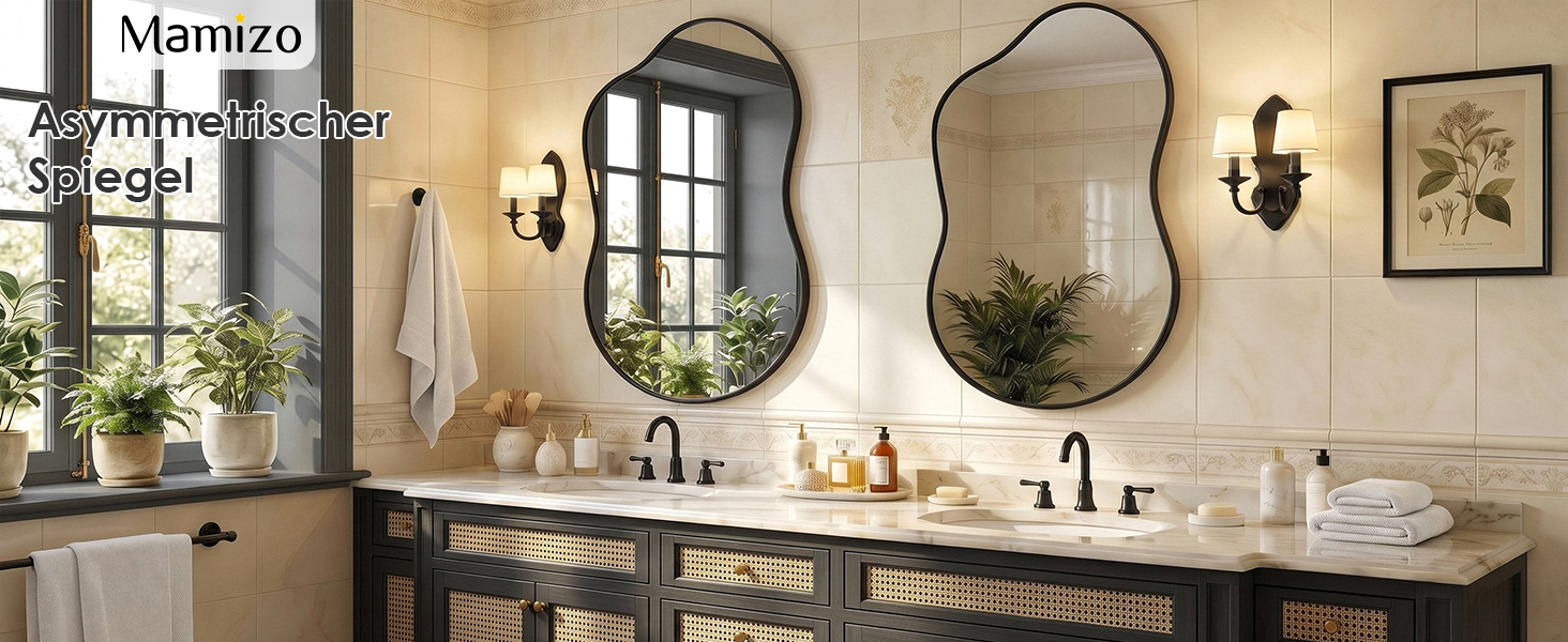 Le texte se lit comme suit : « Hamzro rend le miroir magique ». Miroir de courtoisie de salle de bain montrant un miroir cintré au-dessus d'un comptoir de lavabo blanc avec appliques murales, robinet et accessoires de salle de bain. Installation de miroir élégante dans un décor de salle de bain moderne.