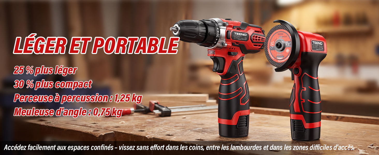 Le texte indique « LÉGER ET PORTABLE ». Image marketing d'un outil électrique rouge et noir sur un fond aux tons chauds avec des effets de lumière.