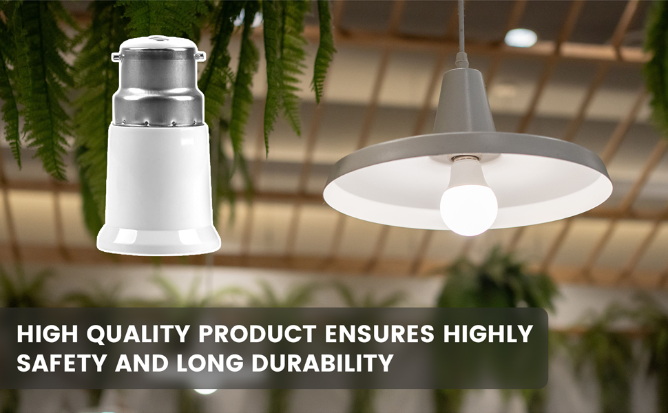 Text reads 'HIGH QUALITY PRODUCT ENSURES HIGHLY SAFETY AND LONG DURABILITY'. Composite image showing industrial-style light fixtures mounted on ceiling, demonstrating professional lighting installation.
