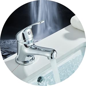Chrome bathroom faucet with single lever handle, shown running water into a white sink basin against a dark background.