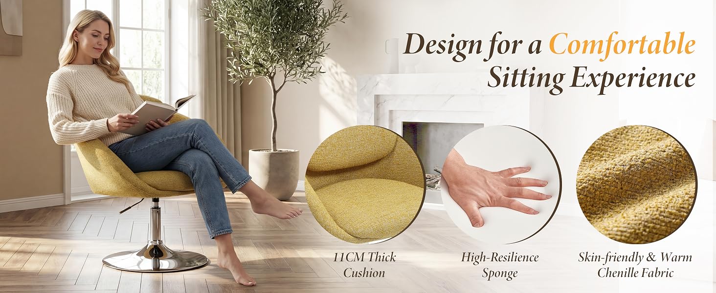Text reads 'Design for a Comfortable Sitting Experience'. Swivel chair with person seated, showing 60-stroke fit, high resilience, and moss boards &amp; tassels features in detail callouts.