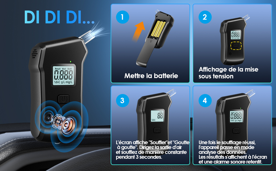 Etilometro digitale, illustrato con le fasi di utilizzo: inserimento della batteria, accensione, soffiaggio nel boccaglio e visualizzazione dei risultati del test. Istruzioni in francese.