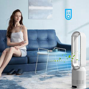 au design sans pales dans un salon, émettant de l'air frais. L'icône de température bleue est visible, indiquant la fonction de refroidissement.