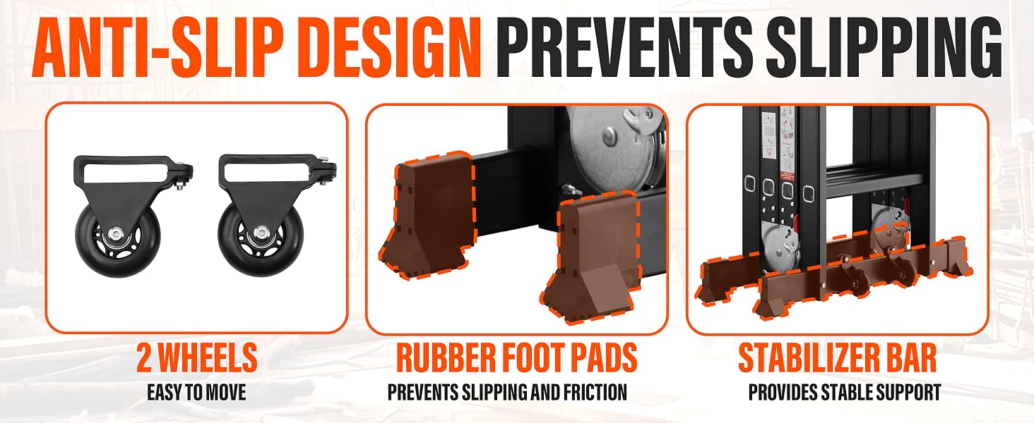 Il testo dice «IL DESIGN ANTISCIVOLO PREVIENE LO SCIVOLAMENTO». Diagramma del prodotto che mostra tre caratteristiche: «3 RUOTE», «HIGHEST FOOT POINT» e «2 FEET SET BASE».