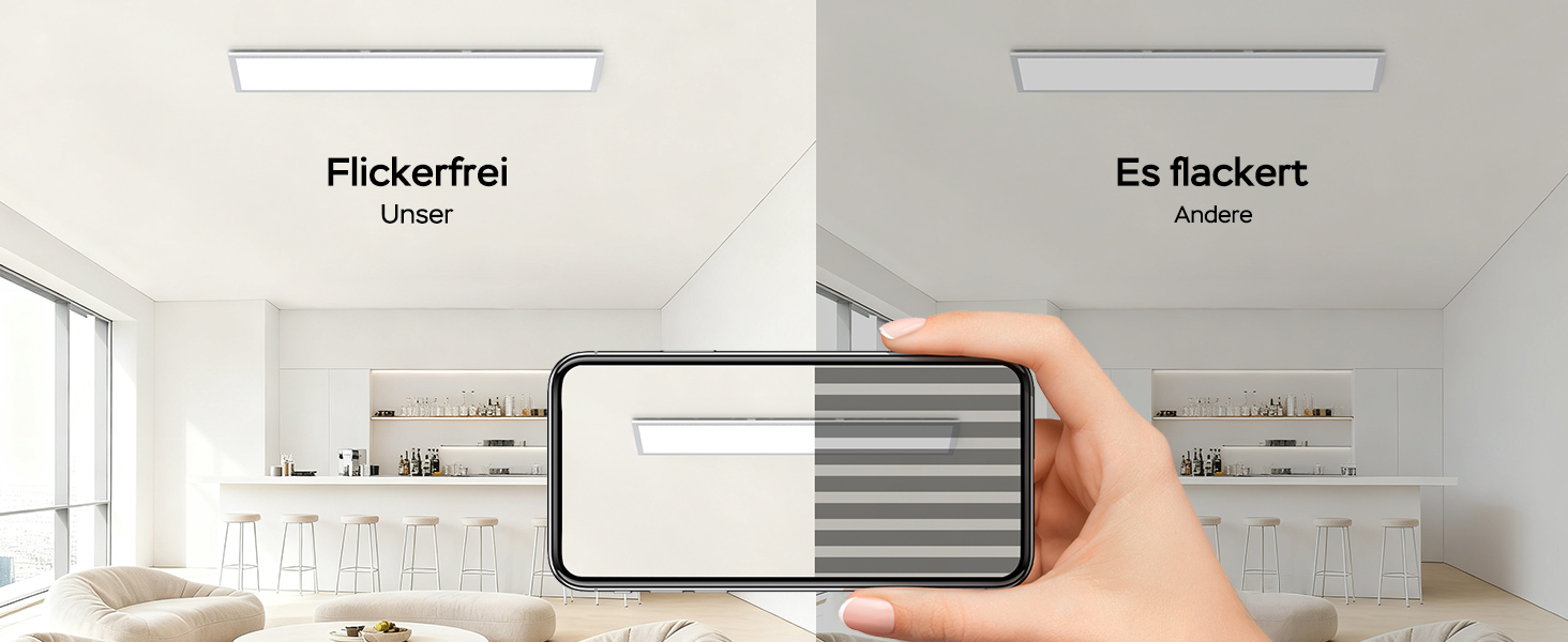 Der Text lautet „Flickerfrei“ und „Ex Rackert“. Bilderserie, die Smartphone-Kameraeffekte und Lichtvergleiche in Innenräumen mit weißen Wänden und Möbeln zeigt.