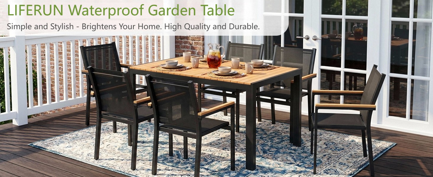 Text reads 'LIFERUN Waterproof Garden Table.' Wooden outdoor dining table with black chairs and place settings on patio with rug and garden backdrop.