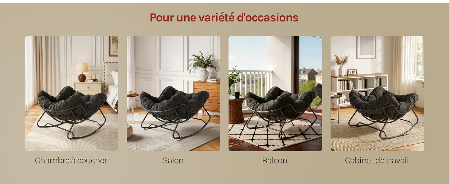Le texte se lit comme suit : « Pour soutenir vos accessoires ». Quatre images montrant un fauteuil inclinable noir avec divers coussins décoratifs, plaids et combinaisons de décoration intérieure.