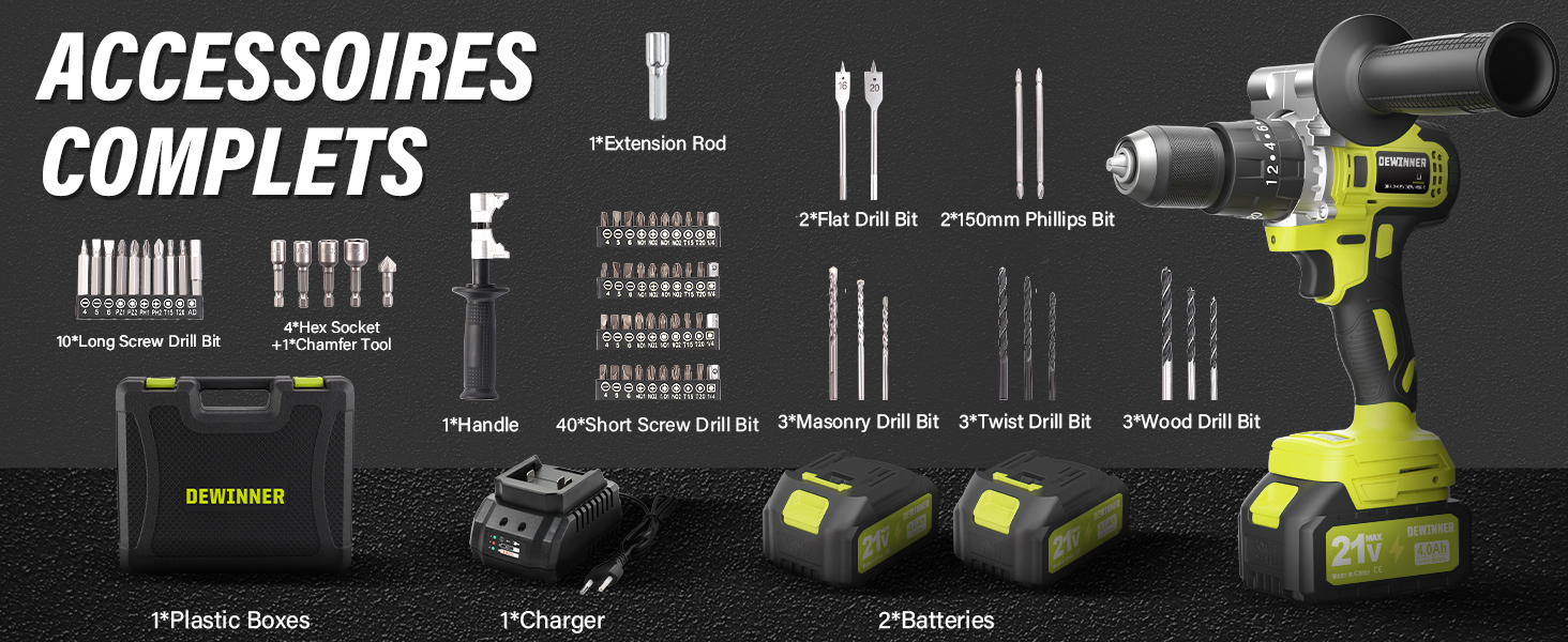 Le texte se lit comme suit : « ACCESSOIRES » et « COMPLET ». Panneau d'affichage sombre montrant divers accessoires et accessoires pour outils électriques, y compris une perceuse électrique verte bien visible.