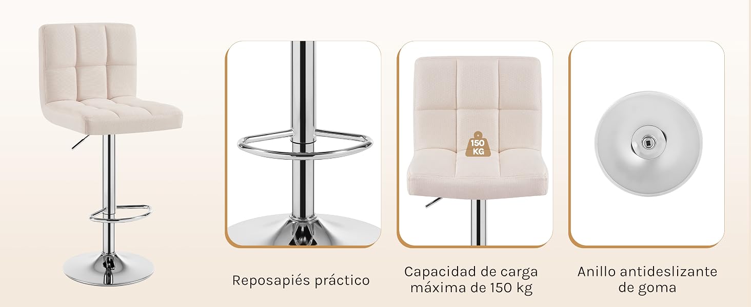 Taburete de bar ajustable moderno con tapicería beige capitoné, base cromada y reposapiés. Las características incluyen el giro de 360 grados, el ajuste de altura y los detalles de la capacidad de peso