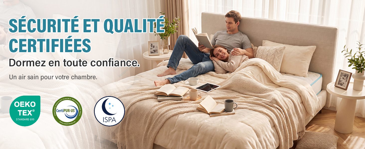 Le texte indique « SÉCURITÉ ET QUALITÉ CERTIFIÉES » et « Dormez en toute confiance » avec des badges de certification. Lit ou matelas rembourré beige avec oreillers et literie exposés.