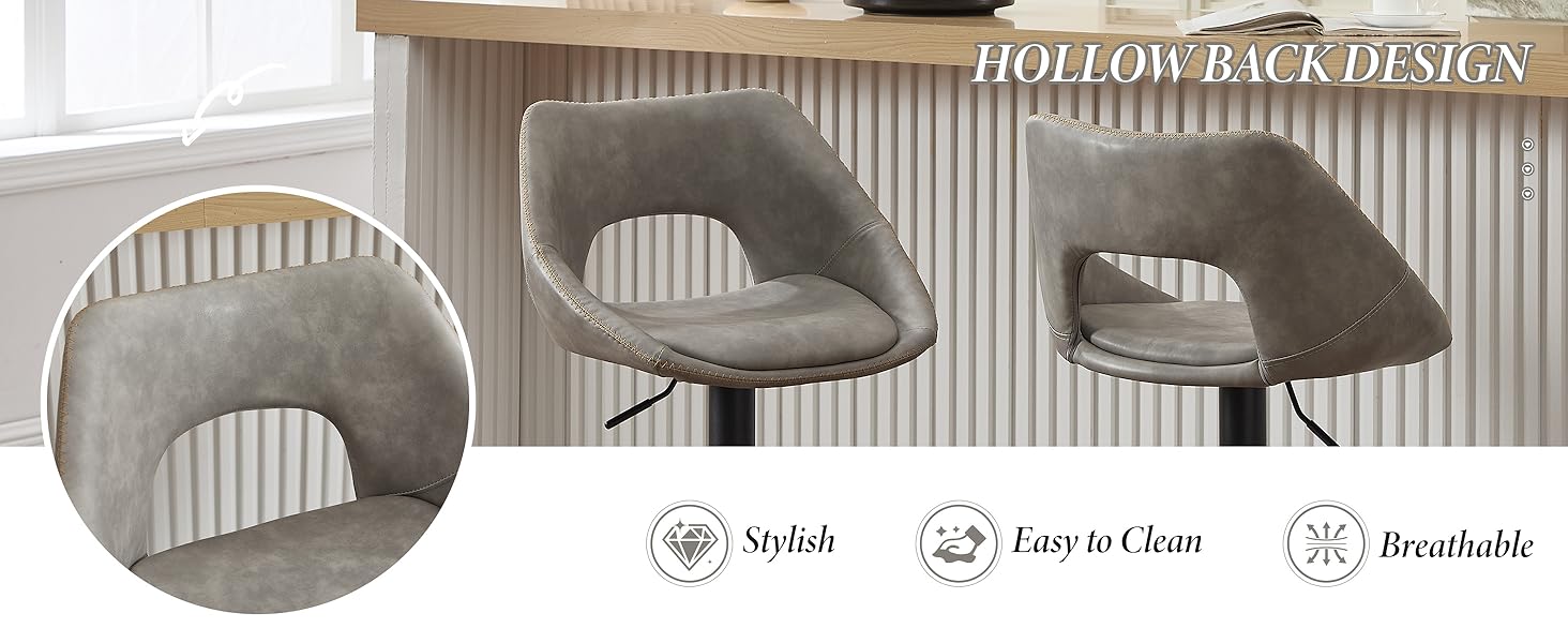 Text reads 'HOLLOW BACK DESIGN' with three gray chair designs shown in profile view labeled 'Stylish', 'Easy to Clean', and 'Breathable'.