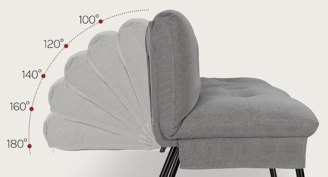 El texto muestra las medidas de los ángulos: sillón o asiento de salón tapizado gris de 100°, 120°, 140°, 160°, 180° con respaldo ajustable que se muestra en varios ángulos de reclinación.