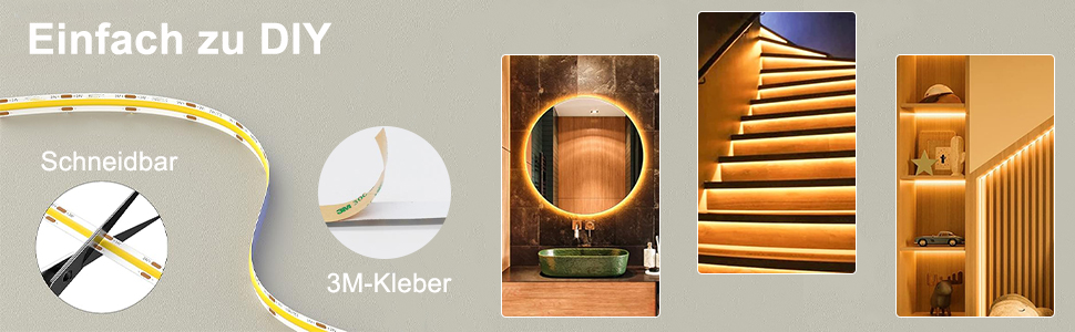 Produktpräsentation für LED-Lichtleisten mit Schneidbarkeit, selbstklebender Rückseite und beispielhaften Installationen in Badezimmerspiegeln, Treppenhäusern und Regalen für stimmungsvolle Lichteffekte