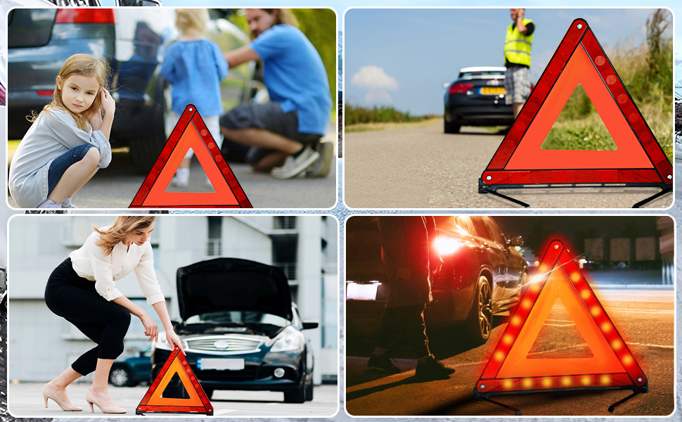 Collage de cuatro imágenes que muestran triángulos de advertencia rojos reflectantes utilizados como marcadores de emergencia en la carretera, visibles de día y de noche gracias a sus reflectores iluminados
