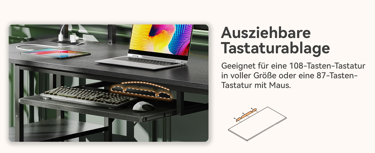 Abgebildete ausziehbare Tastaturablage oder Plattform, montiert unter einer Schreibtischoberfläche, entworfen für Tastatur und Maus mit einstellbarer Positionierung