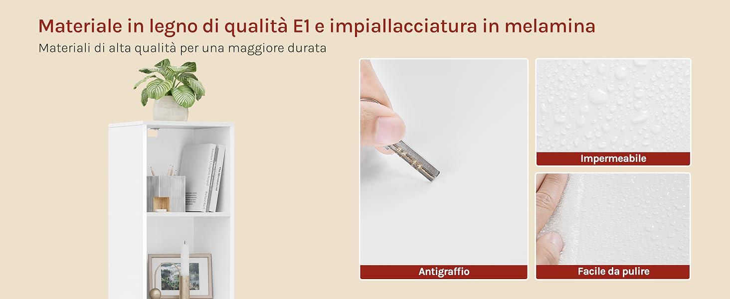 Scaffale in legno bianco con quattro scomparti, che presenta caratteristiche di durabilità: resistenza ai graffi, facile pulizia e resistenza all'acqua.