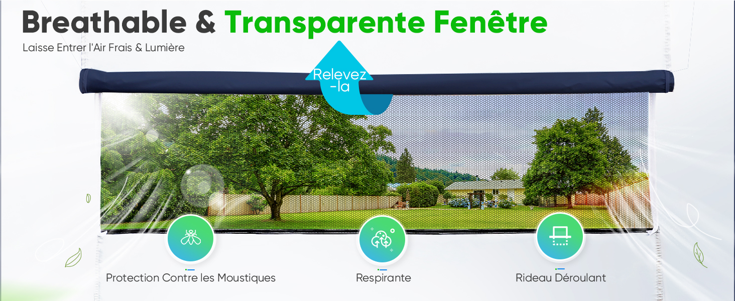 Le texte indique « Fenêtre respirante et transparente ». Plusieurs images de produits montrant une serre ou une structure de jardin avec des panneaux transparents et des dispositifs de ventilation.