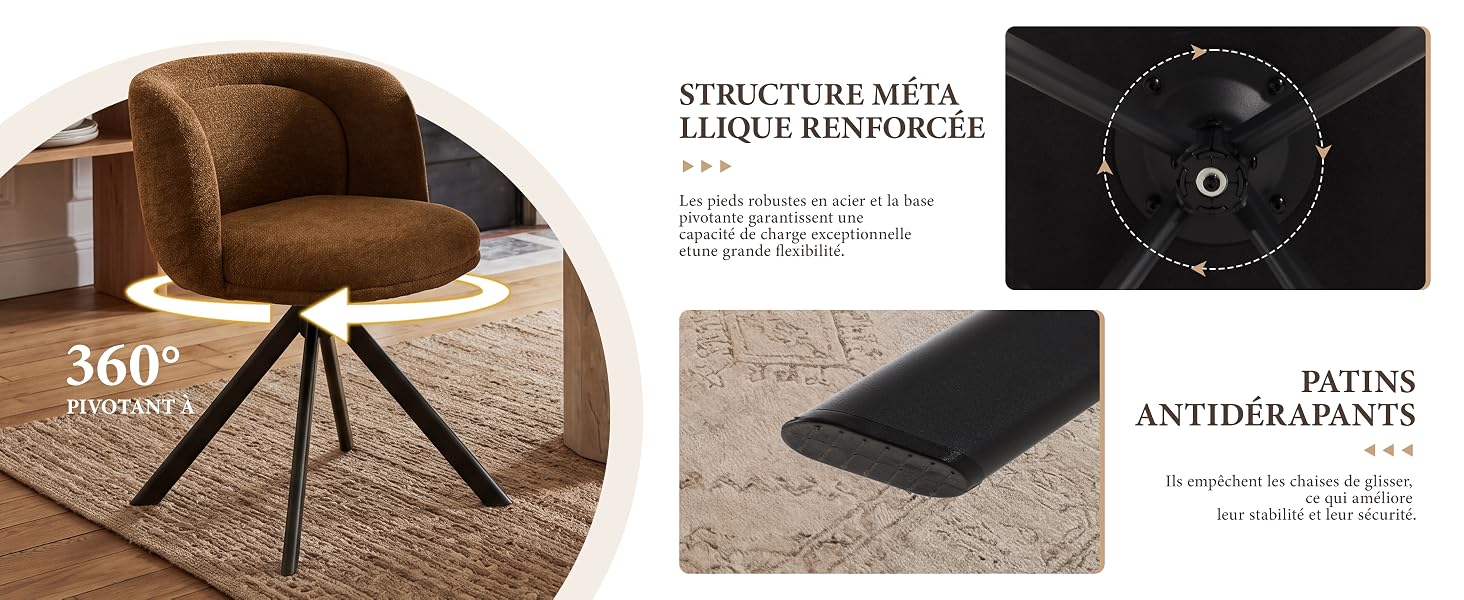 Le texte indique « PIVOT À 360° » et « DESIGN ANTIDÉRAPANT BREVETÉ ». Fauteuil rembourré brun présenté sous plusieurs angles montrant une base rotative et des détails de base.