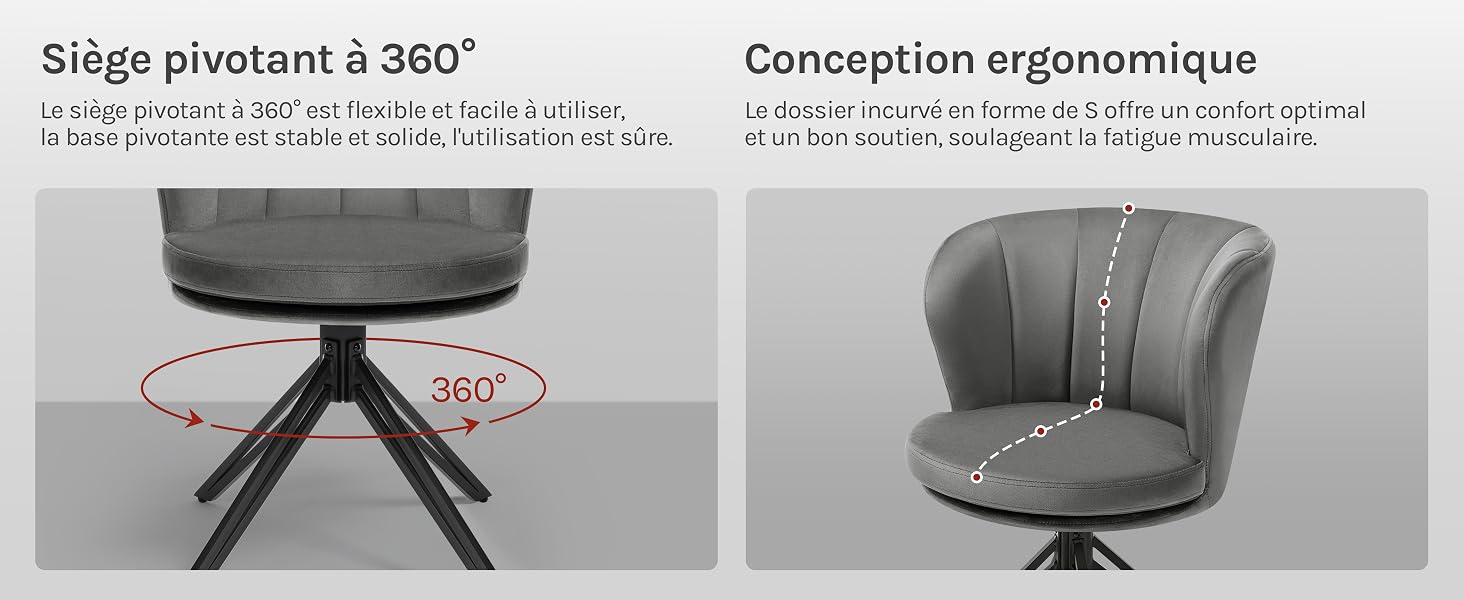 Le texte se lit comme suit : « Siège pivotant à 360° » et « Conception ergonomique ». Deux vues d'une chaise de bureau grise présentant une capacité de rotation à 360 degrés et des caractéristiques de conception ergonomiques.