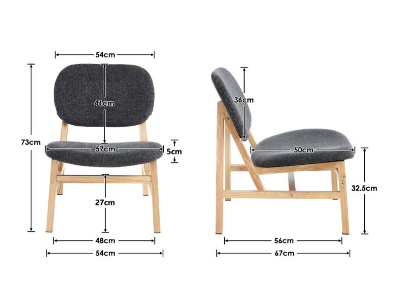 Schéma technique identique à l'image 2, montrant plusieurs vues de la chaise avec des mesures détaillées, notamment 27 cm de hauteur, 36 cm de largeur et différents angles de construction du siège.