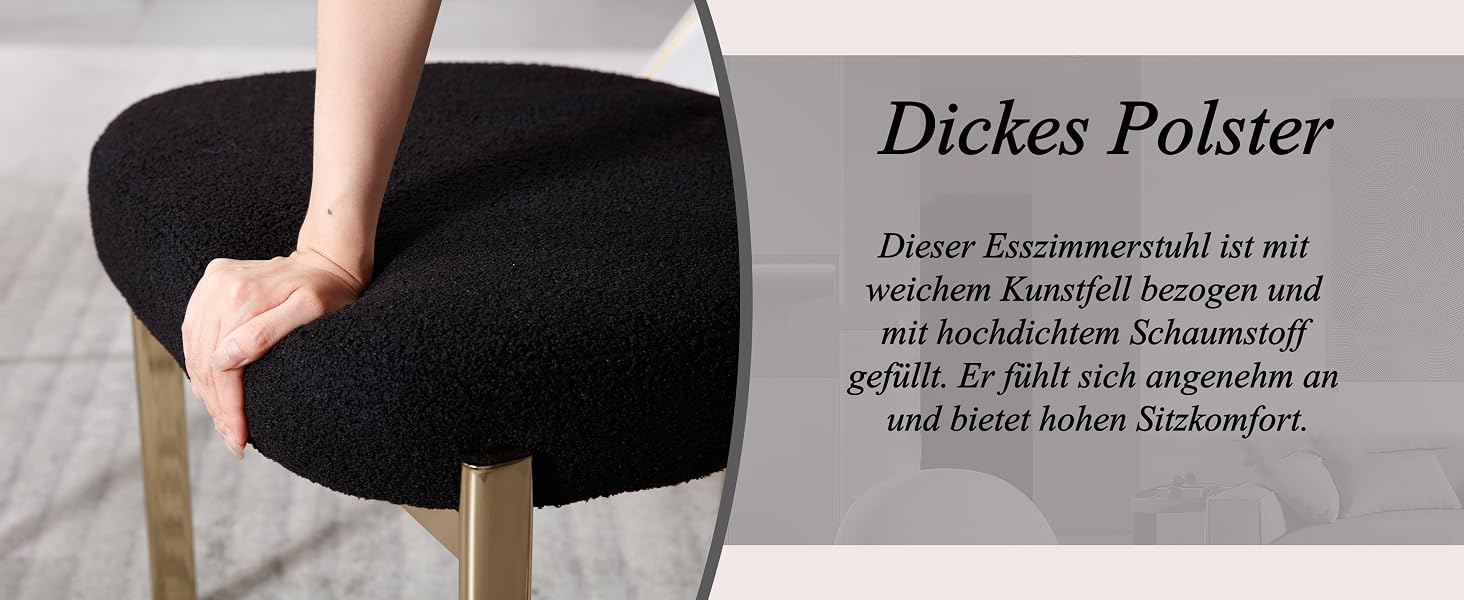 Der Text lautet „Dickes Polster“. Nahaufnahme einer schwarz gepolsterten Sitzfläche mit sichtbarer Dickendarstellung.
